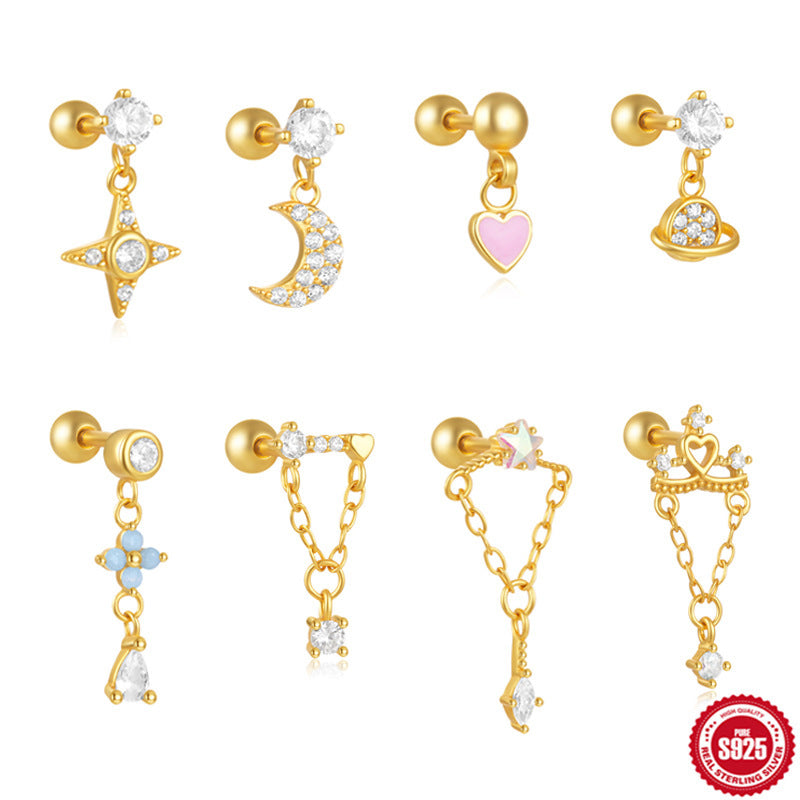 S925 Sterling Silver Star  Moon  And Flower Piercing Stud Earrings