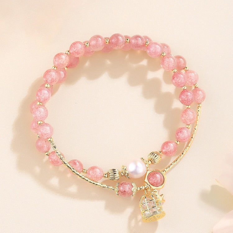 Womens Peach Blossom Strawberry Quartz Bracelet