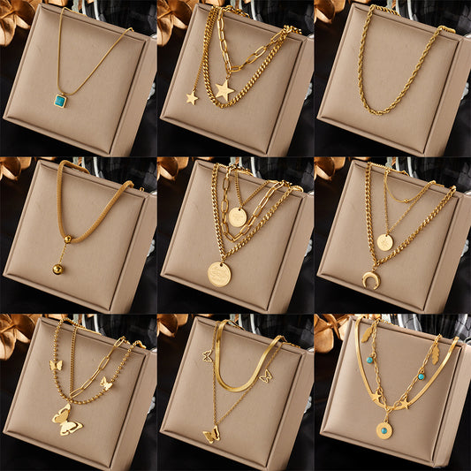 Multi-layer Stacked Niche High-end 18K Goldplated Titanium Steel Clavicle Chain
