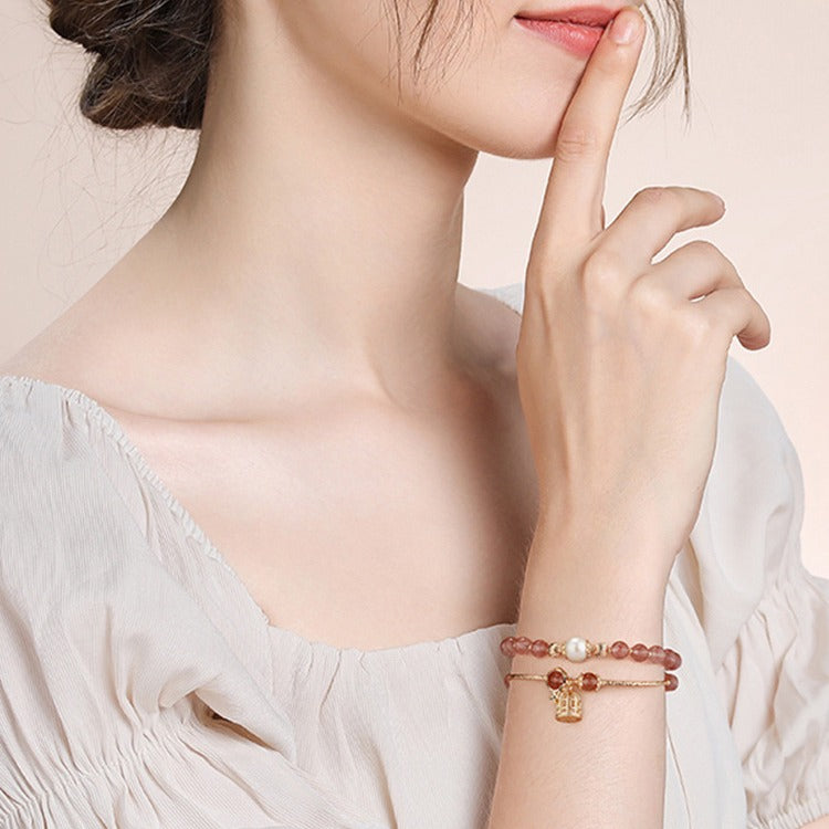 Womens Peach Blossom Strawberry Quartz Bracelet