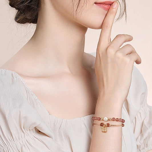 Womens Peach Blossom Strawberry Quartz Bracelet