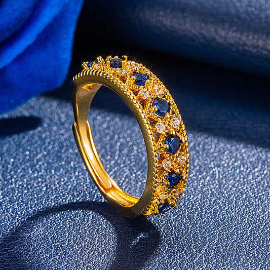 Womens Vintage Hollowed-Out Color-Diamond Open Ring