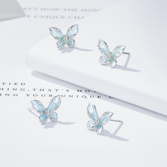S925 Sterling Silver Blue Butterfly Stud Earrings