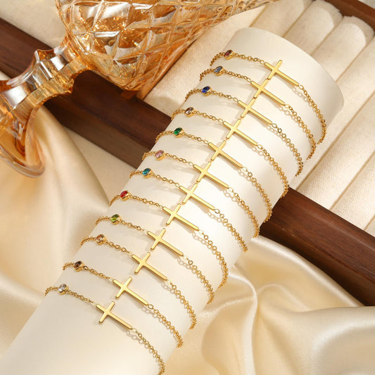 12 Birthstone Stainless Steel Cross Womens Bracelet